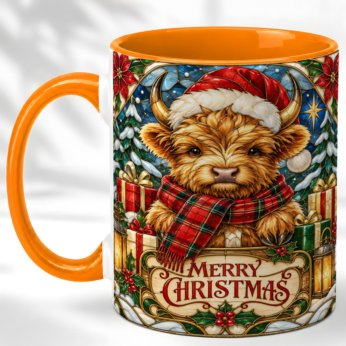 #pl[11oz|Orange] Merry Christmas Highland Cow Coffee Mug, Holiday Cow Mug, Ceramic Cup