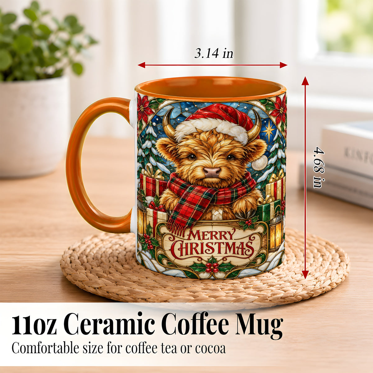 #pl[11oz|Orange] Merry Christmas Highland Cow Coffee Mug, Holiday Cow Mug, Ceramic Cup