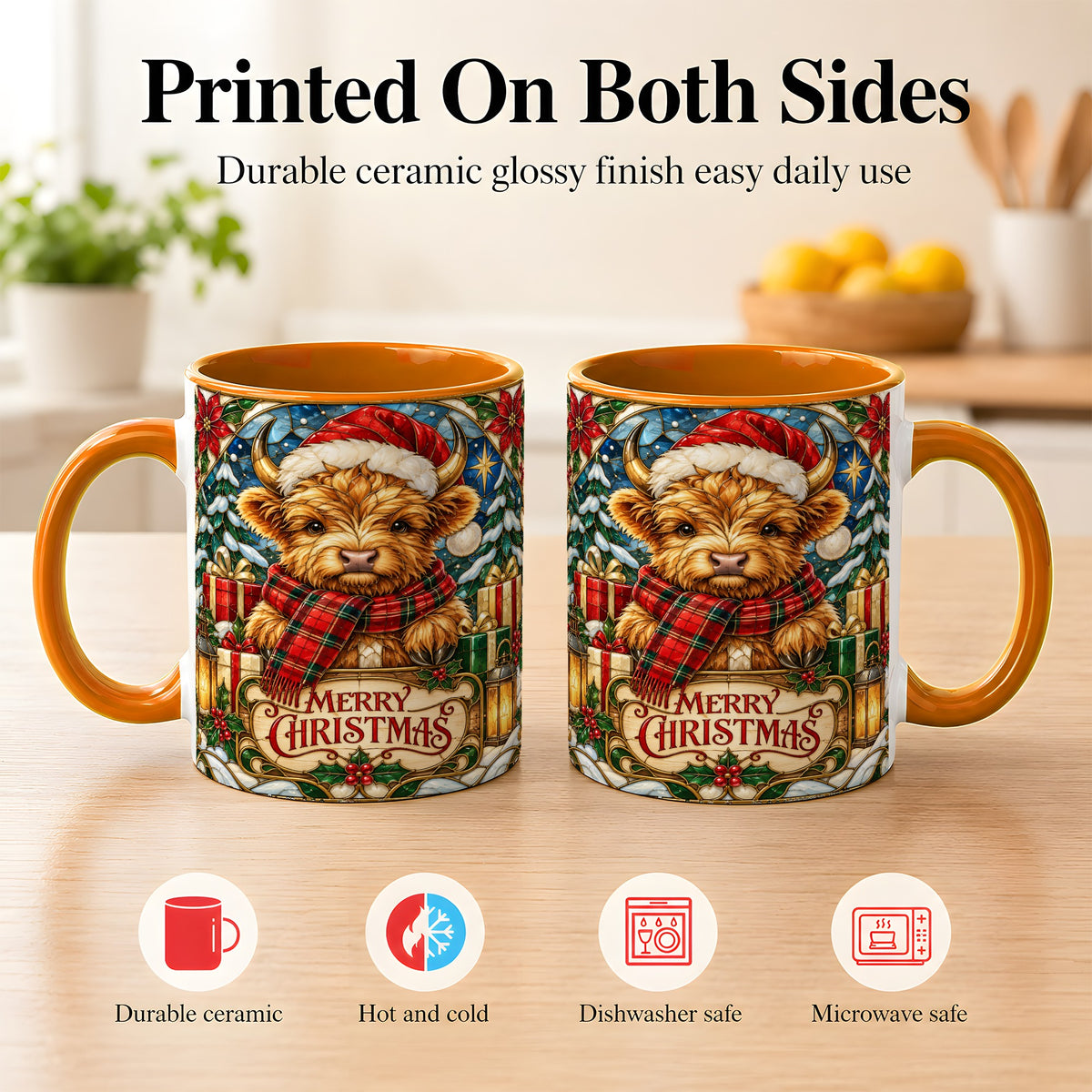 #pl[11oz|Orange] Merry Christmas Highland Cow Coffee Mug, Holiday Cow Mug, Ceramic Cup