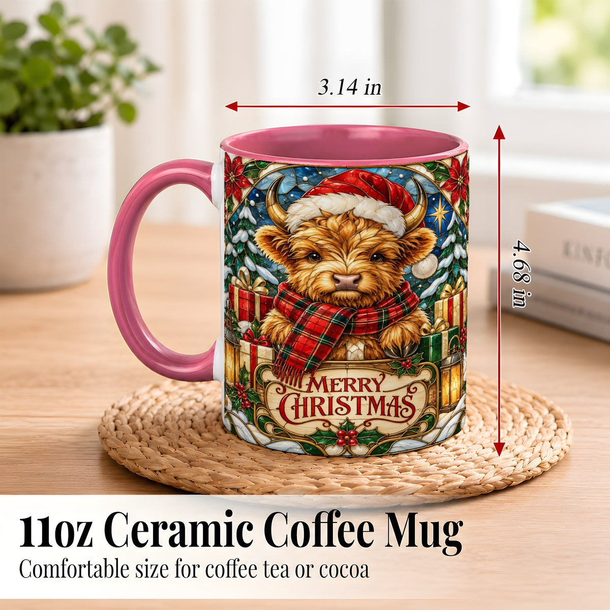 #pl[11oz|Pink] Merry Christmas Highland Cow Coffee Mug, Holiday Cow Mug, Ceramic Cup