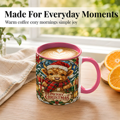 #pl[11oz|Pink] Merry Christmas Highland Cow Coffee Mug, Holiday Cow Mug, Ceramic Cup