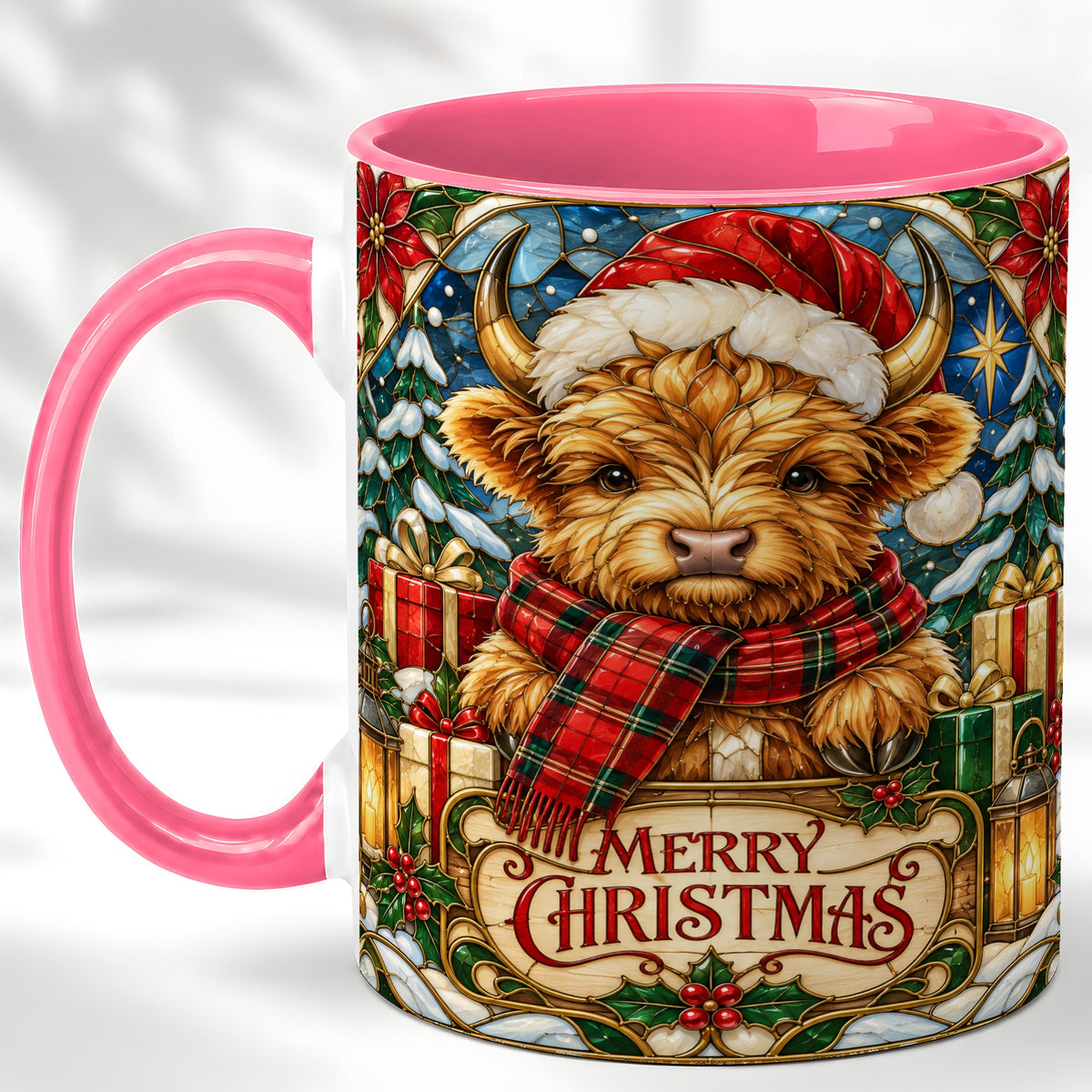 #pl[11oz|Pink] Merry Christmas Highland Cow Coffee Mug, Holiday Cow Mug, Ceramic Cup
