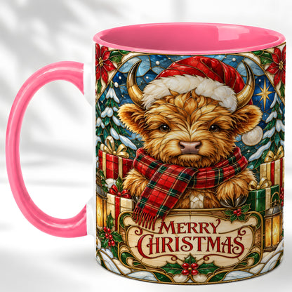 #pl[11oz|Pink] Merry Christmas Highland Cow Coffee Mug, Holiday Cow Mug, Ceramic Cup