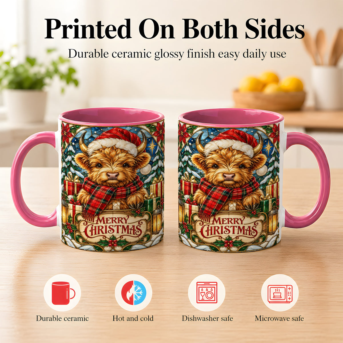 #pl[11oz|Pink] Merry Christmas Highland Cow Coffee Mug, Holiday Cow Mug, Ceramic Cup