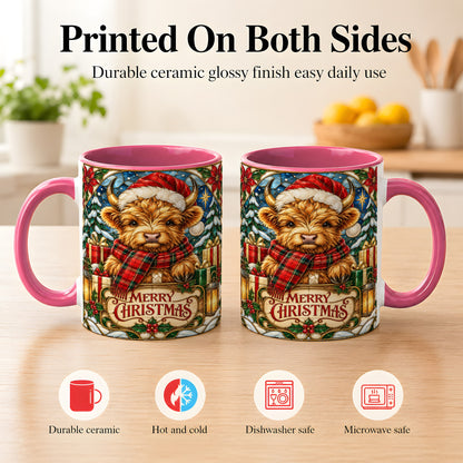 #pl[11oz|Pink] Merry Christmas Highland Cow Coffee Mug, Holiday Cow Mug, Ceramic Cup