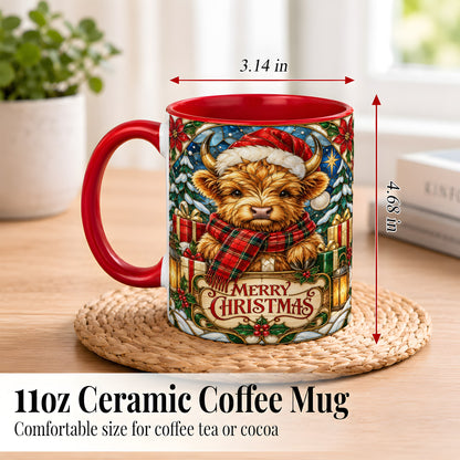 #pl[11oz|Red] Merry Christmas Highland Cow Coffee Mug, Holiday Cow Mug, Ceramic Cup