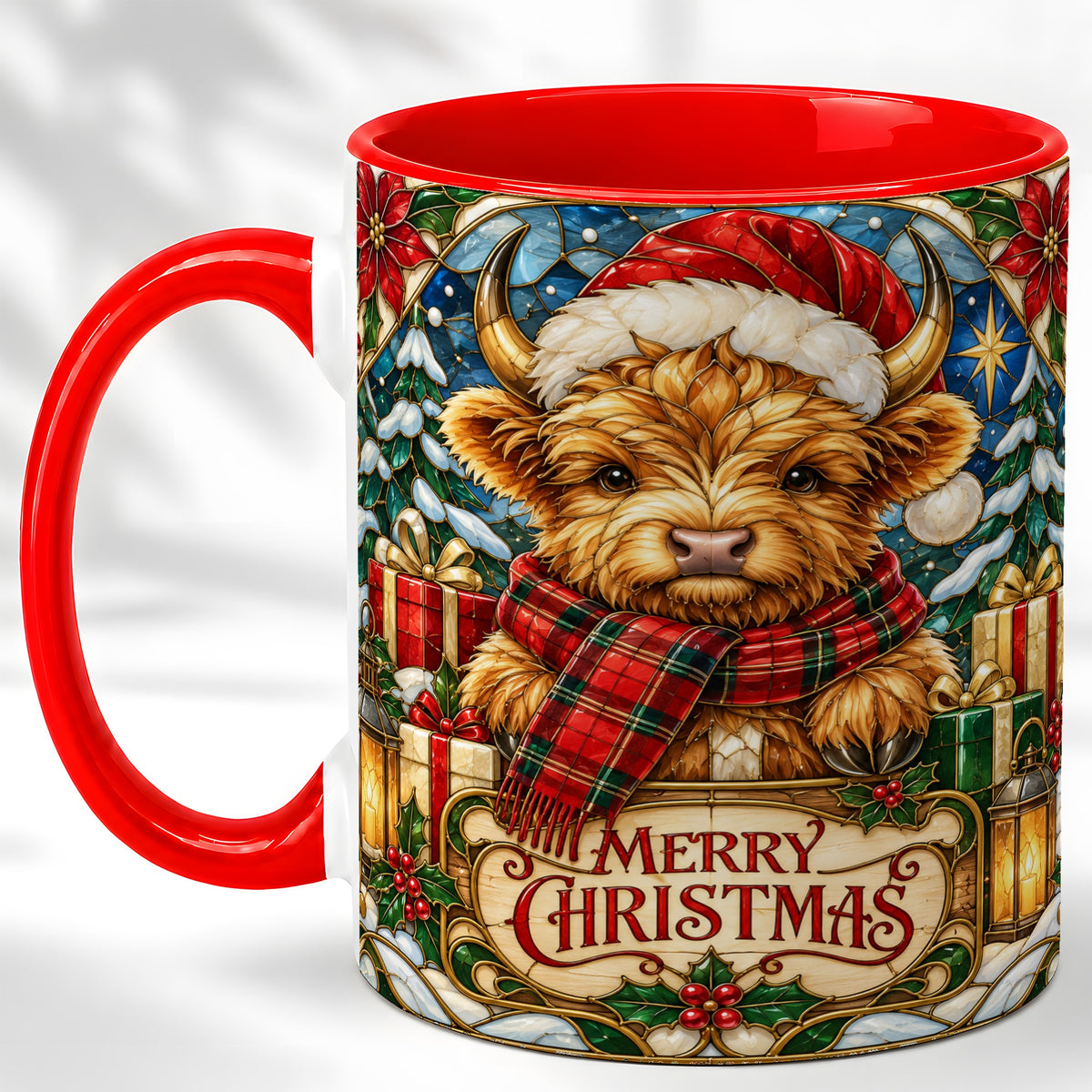 #pl[11oz|Red] Merry Christmas Highland Cow Coffee Mug, Holiday Cow Mug, Ceramic Cup