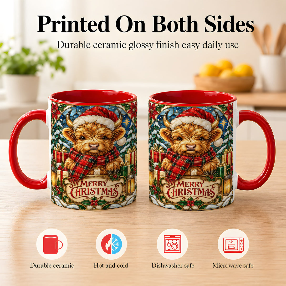 #pl[11oz|Red] Merry Christmas Highland Cow Coffee Mug, Holiday Cow Mug, Ceramic Cup