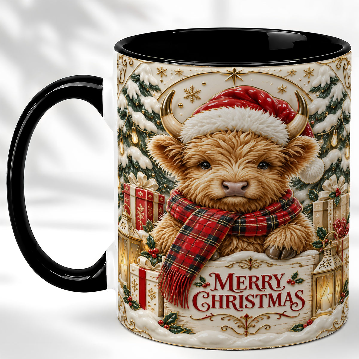 #pl[11oz|Black] Snowy Christmas Highland Cow Coffee Mug, Holiday Cow Mug, Ceramic Cup