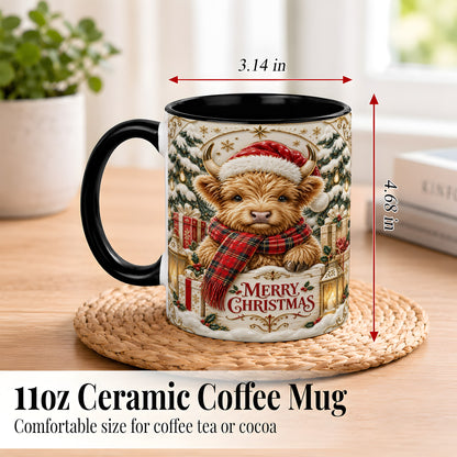 #pl[11oz|Black] Snowy Christmas Highland Cow Coffee Mug, Holiday Cow Mug, Ceramic Cup