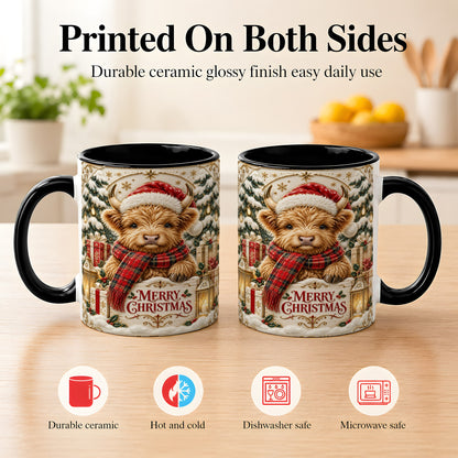 #pl[11oz|Black] Snowy Christmas Highland Cow Coffee Mug, Holiday Cow Mug, Ceramic Cup
