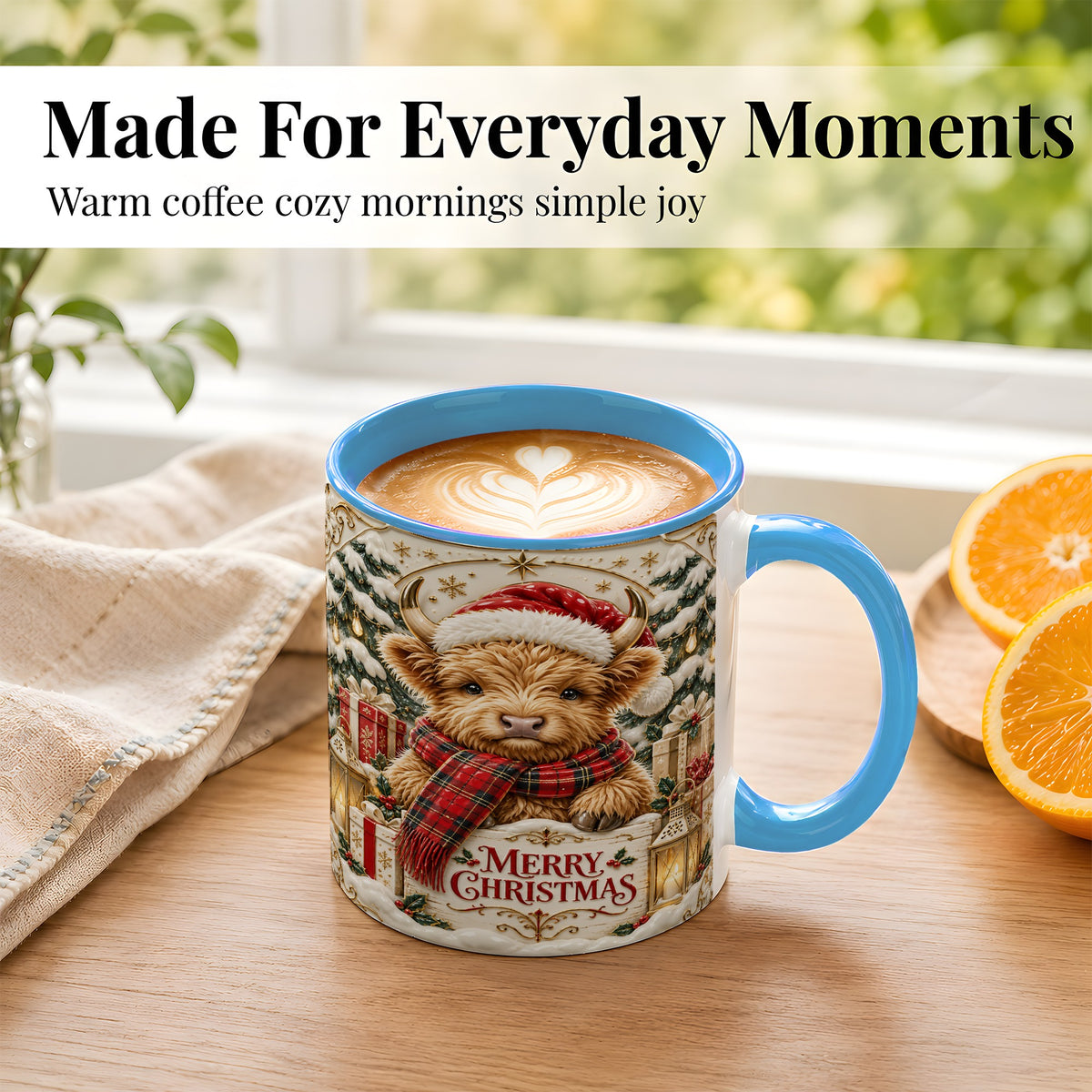 #pl[11oz|Blue] Snowy Christmas Highland Cow Coffee Mug, Holiday Cow Mug, Ceramic Cup