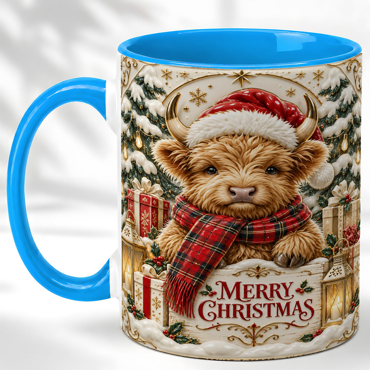 #pl[11oz|Blue] Snowy Christmas Highland Cow Coffee Mug, Holiday Cow Mug, Ceramic Cup