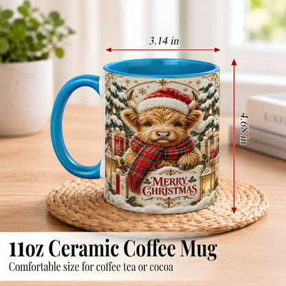 #pl[11oz|Blue] Snowy Christmas Highland Cow Coffee Mug, Holiday Cow Mug, Ceramic Cup