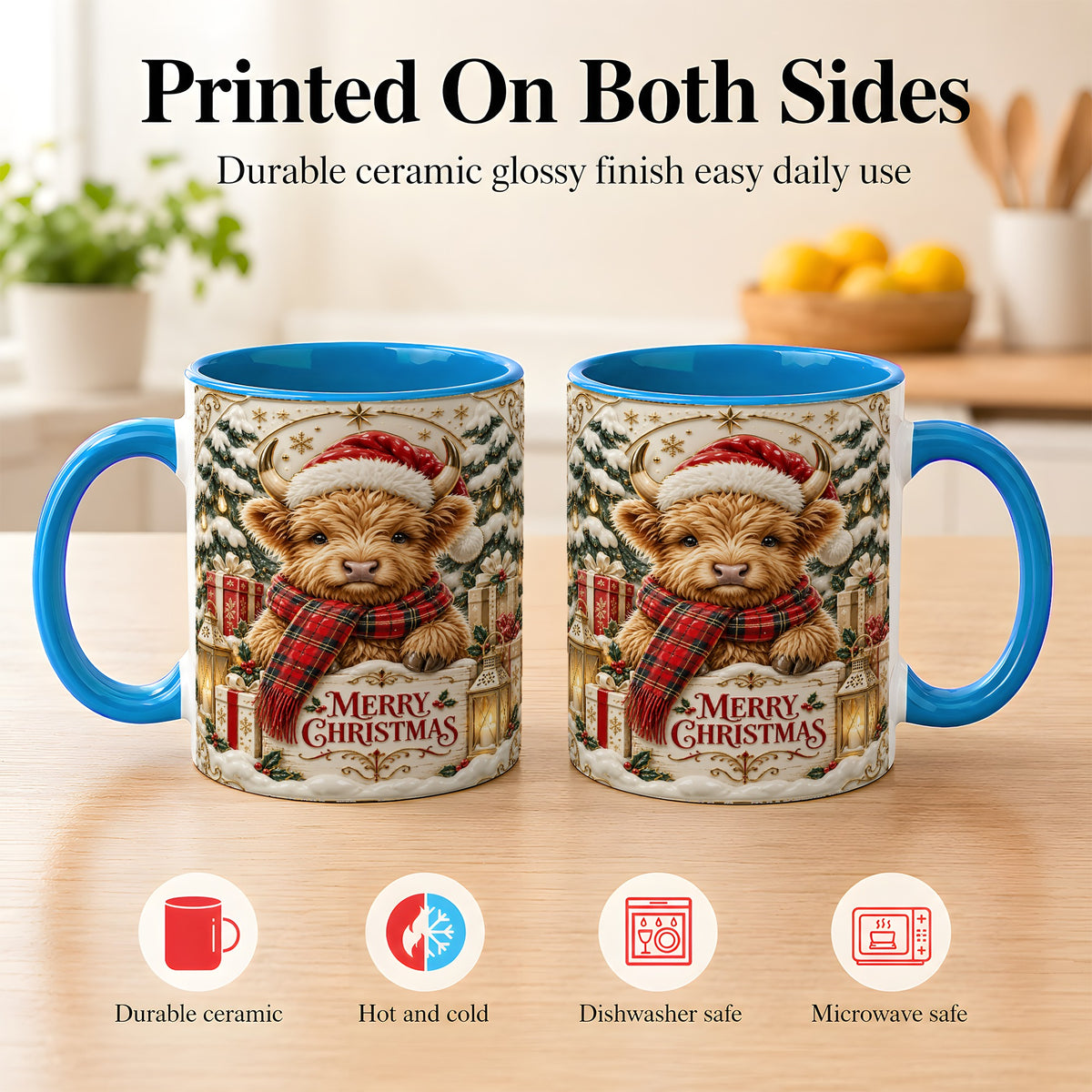 #pl[11oz|Blue] Snowy Christmas Highland Cow Coffee Mug, Holiday Cow Mug, Ceramic Cup