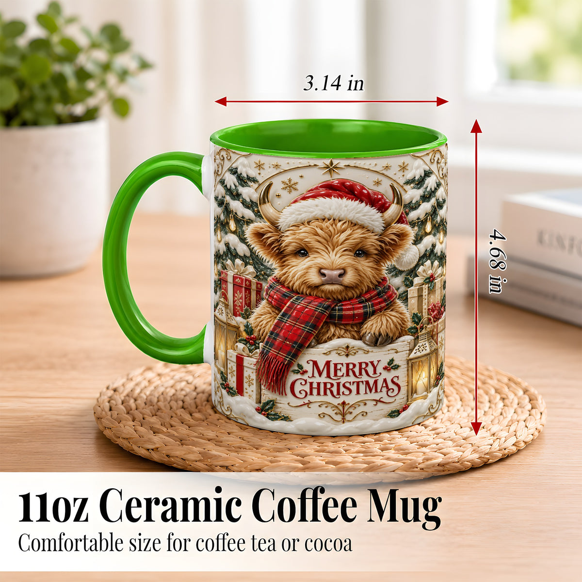 #pl[11oz|Green] Snowy Christmas Highland Cow Coffee Mug, Holiday Cow Mug, Ceramic Cup