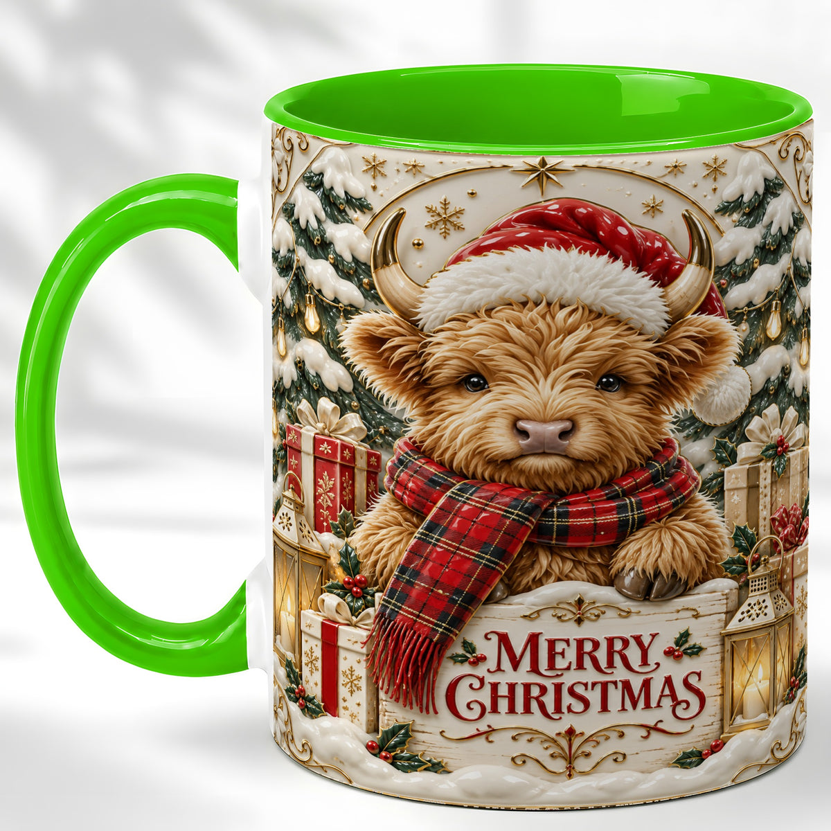 #pl[11oz|Green] Snowy Christmas Highland Cow Coffee Mug, Holiday Cow Mug, Ceramic Cup