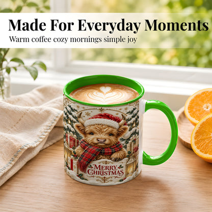 #pl[11oz|Green] Snowy Christmas Highland Cow Coffee Mug, Holiday Cow Mug, Ceramic Cup