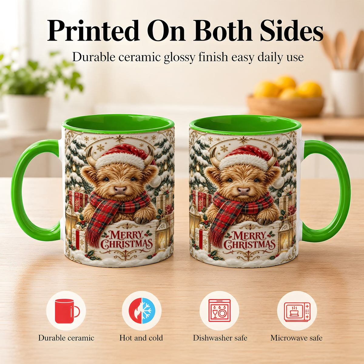 #pl[11oz|Green] Snowy Christmas Highland Cow Coffee Mug, Holiday Cow Mug, Ceramic Cup