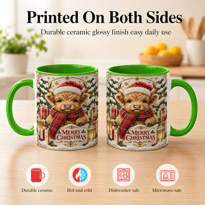 #pl[11oz|Green] Snowy Christmas Highland Cow Coffee Mug, Holiday Cow Mug, Ceramic Cup
