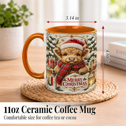#pl[11oz|Orange] Snowy Christmas Highland Cow Coffee Mug, Holiday Cow Mug, Ceramic Cup