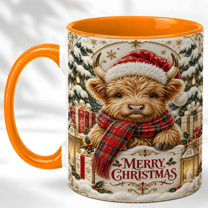 #pl[11oz|Orange] Snowy Christmas Highland Cow Coffee Mug, Holiday Cow Mug, Ceramic Cup