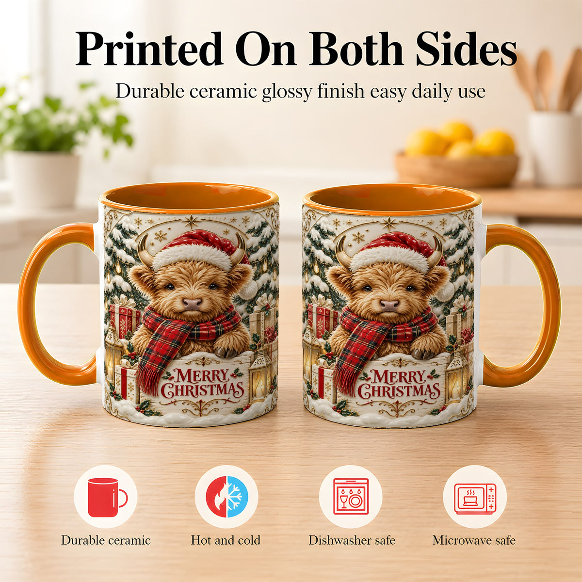 #pl[11oz|Orange] Snowy Christmas Highland Cow Coffee Mug, Holiday Cow Mug, Ceramic Cup
