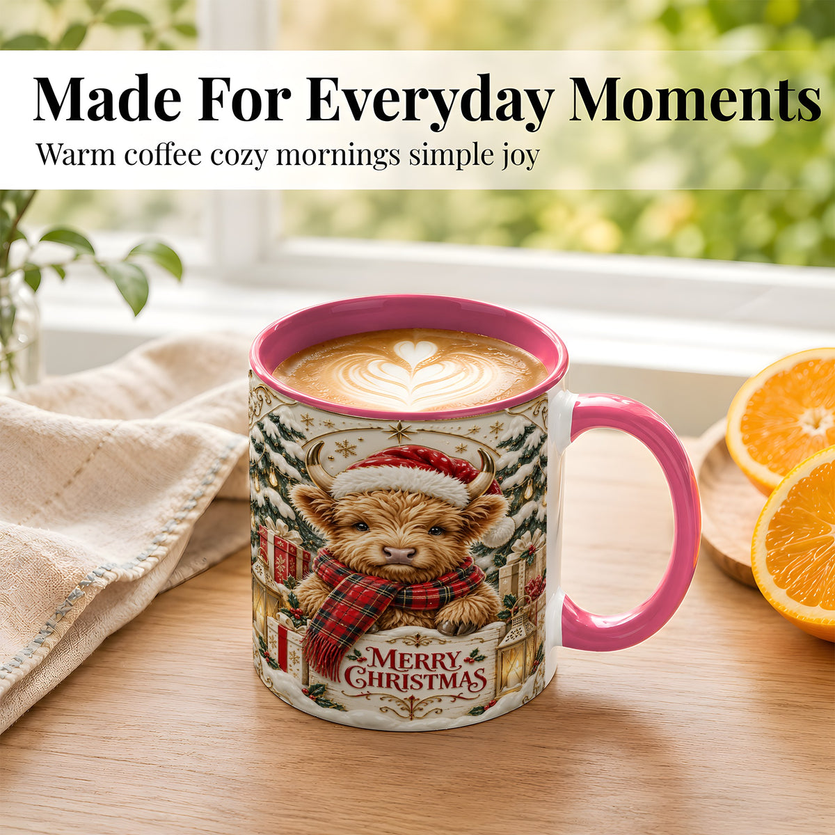#pl[11oz|Pink] Snowy Christmas Highland Cow Coffee Mug, Holiday Cow Mug, Ceramic Cup