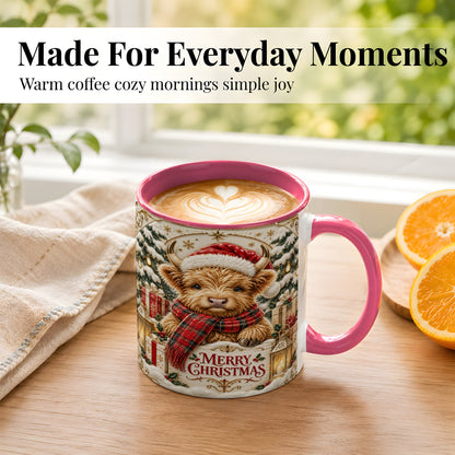 #pl[11oz|Pink] Snowy Christmas Highland Cow Coffee Mug, Holiday Cow Mug, Ceramic Cup