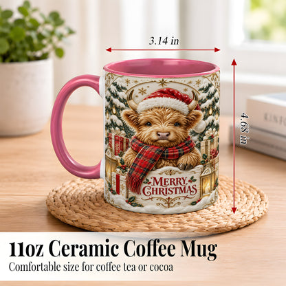 #pl[11oz|Pink] Snowy Christmas Highland Cow Coffee Mug, Holiday Cow Mug, Ceramic Cup