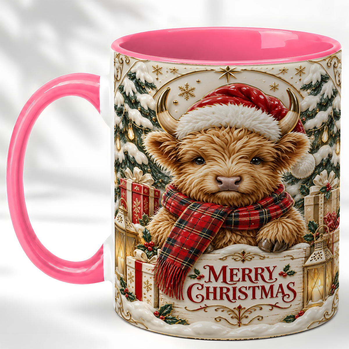 #pl[11oz|Pink] Snowy Christmas Highland Cow Coffee Mug, Holiday Cow Mug, Ceramic Cup