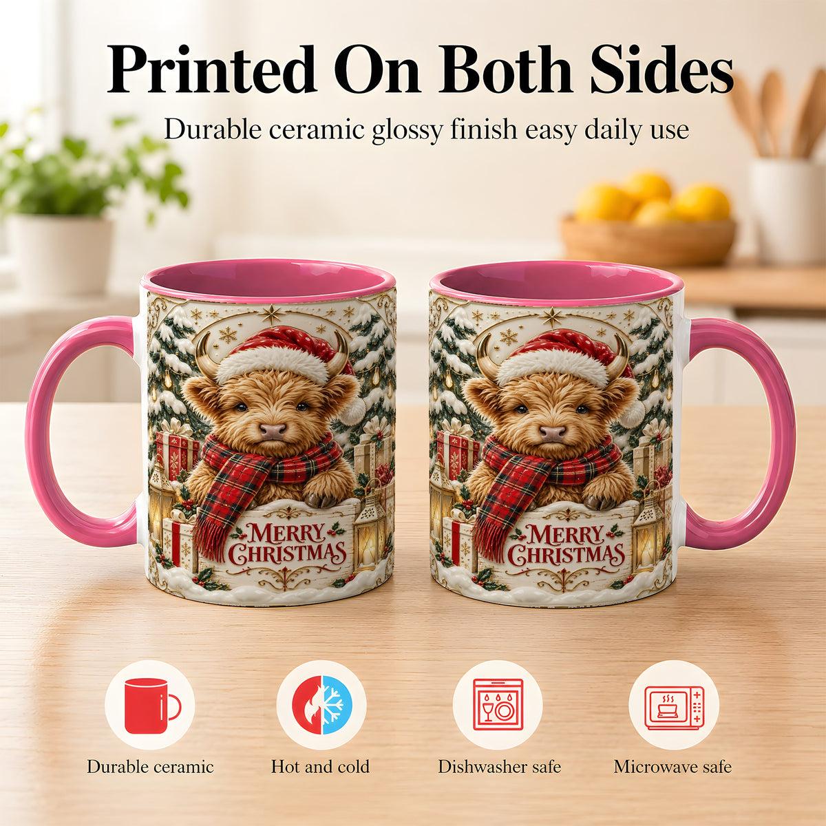 #pl[11oz|Pink] Snowy Christmas Highland Cow Coffee Mug, Holiday Cow Mug, Ceramic Cup