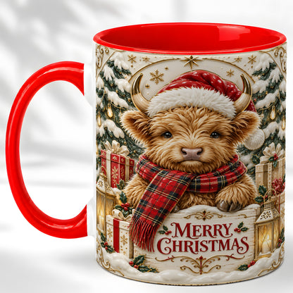 #pl[11oz|Red] Snowy Christmas Highland Cow Coffee Mug, Holiday Cow Mug, Ceramic Cup
