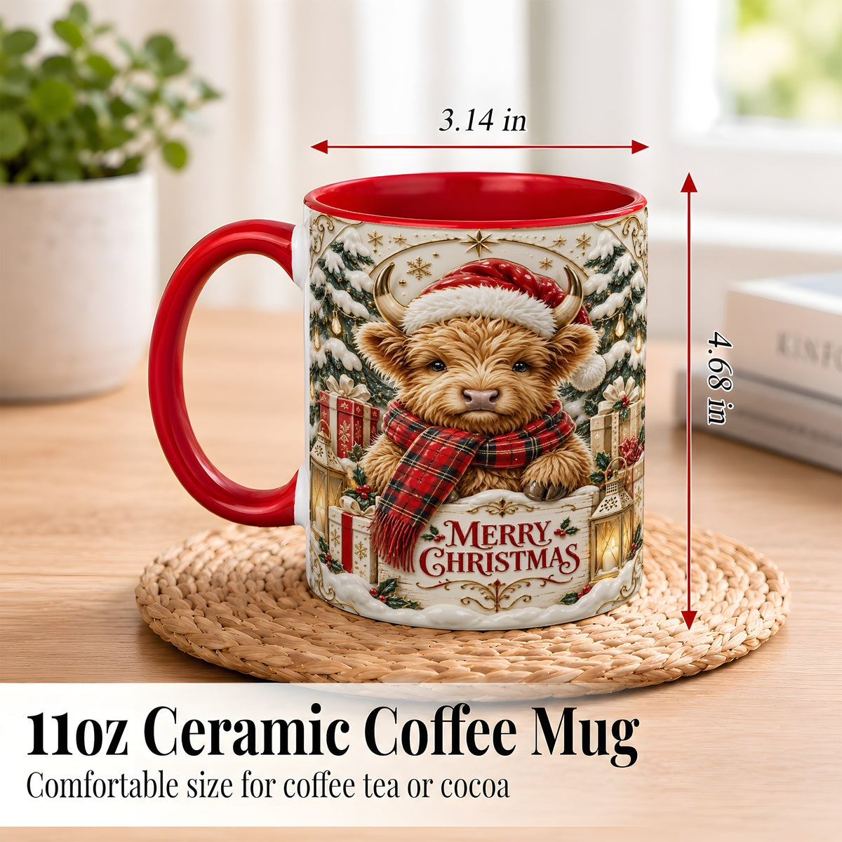 #pl[11oz|Red] Snowy Christmas Highland Cow Coffee Mug, Holiday Cow Mug, Ceramic Cup