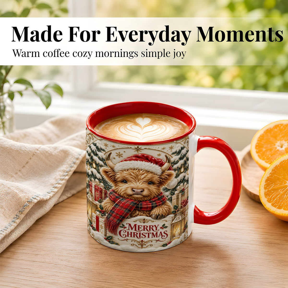 #pl[11oz|Red] Snowy Christmas Highland Cow Coffee Mug, Holiday Cow Mug, Ceramic Cup
