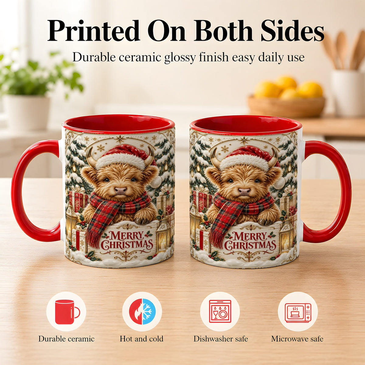 #pl[11oz|Red] Snowy Christmas Highland Cow Coffee Mug, Holiday Cow Mug, Ceramic Cup