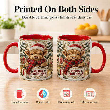 #pl[11oz|Red] Snowy Christmas Highland Cow Coffee Mug, Holiday Cow Mug, Ceramic Cup