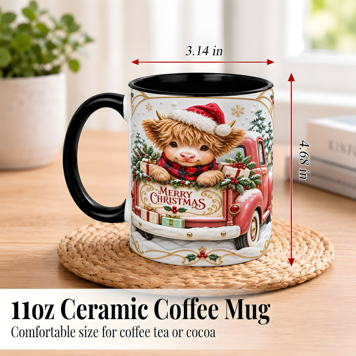 #pl[11oz|Black] Christmas Cow Coffee Mug, Holiday Truck Mug, Ceramic Cup