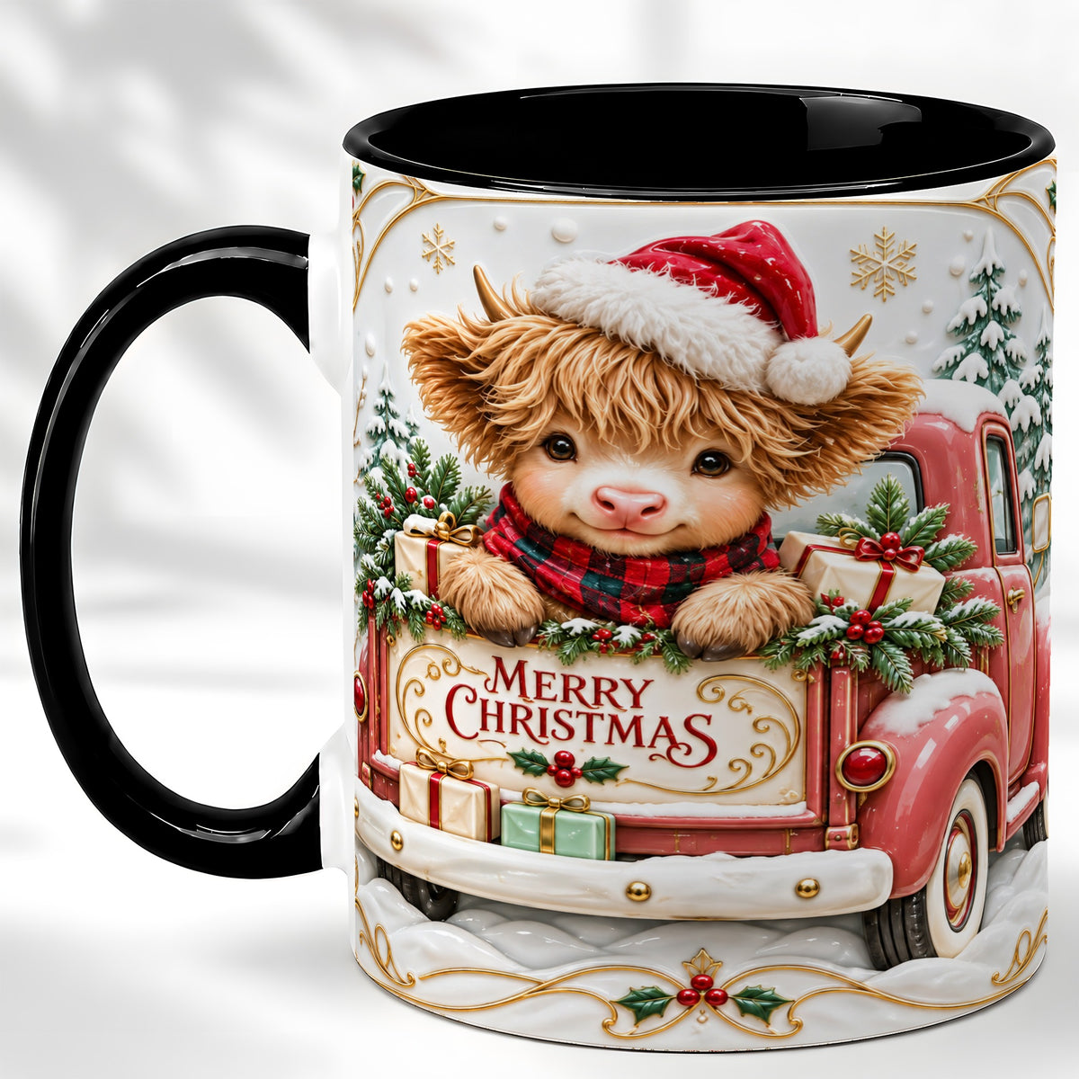 #pl[11oz|Black] Christmas Cow Coffee Mug, Holiday Truck Mug, Ceramic Cup