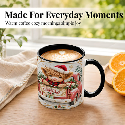 #pl[11oz|Black] Christmas Cow Coffee Mug, Holiday Truck Mug, Ceramic Cup
