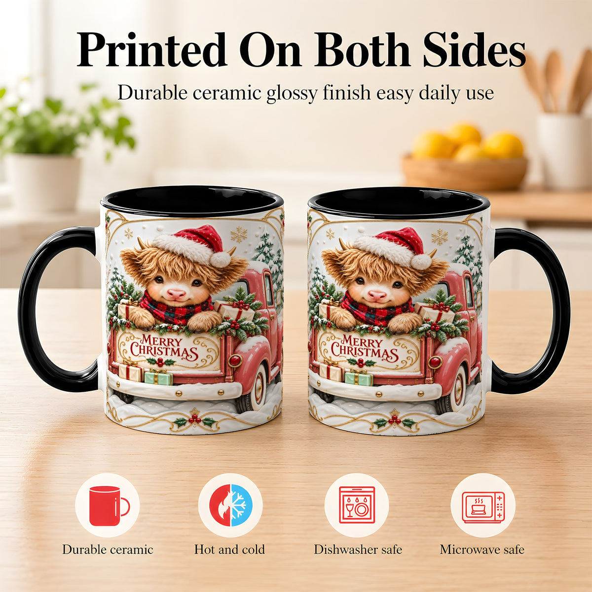 #pl[11oz|Black] Christmas Cow Coffee Mug, Holiday Truck Mug, Ceramic Cup