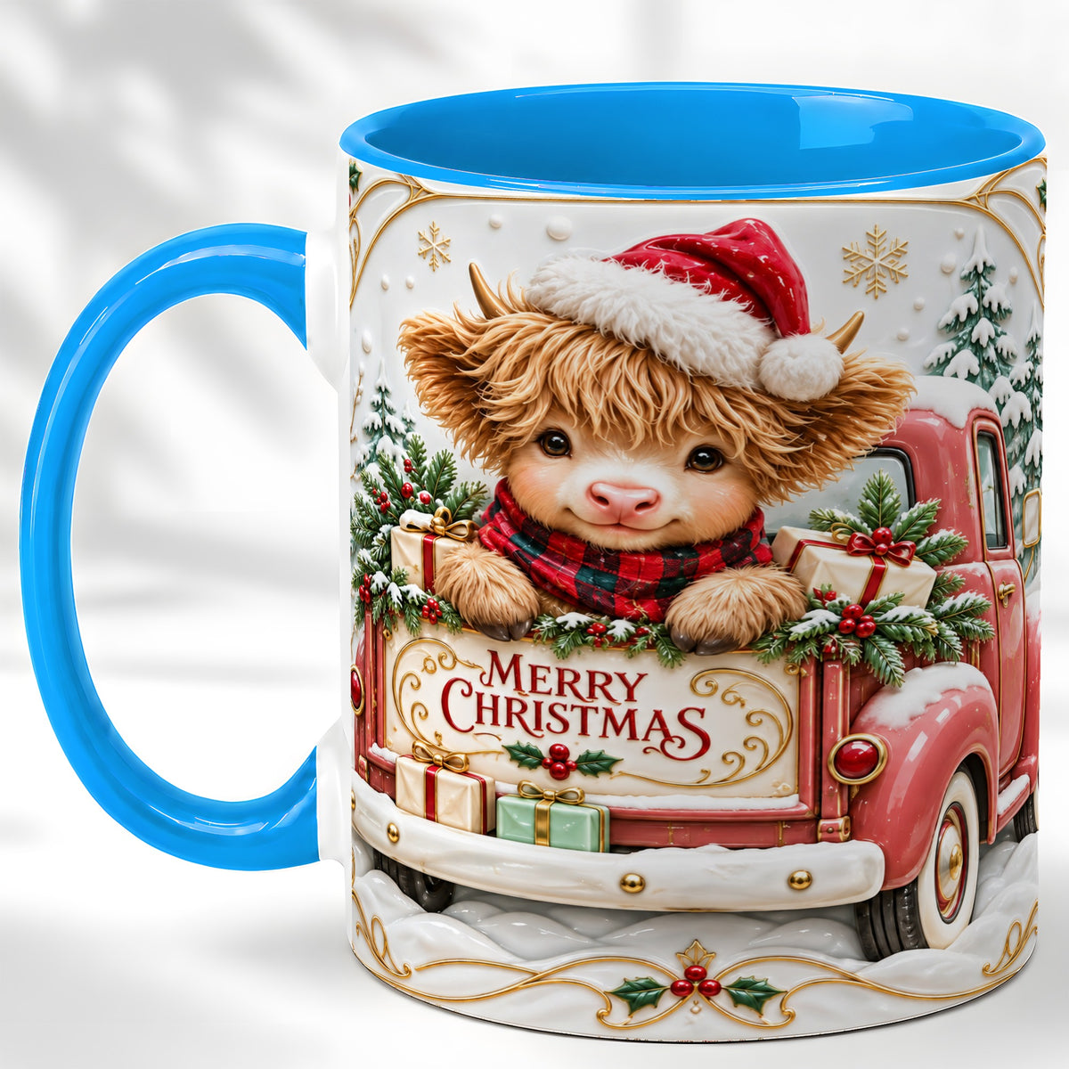 #pl[11oz|Blue] Christmas Cow Coffee Mug, Holiday Truck Mug, Ceramic Cup