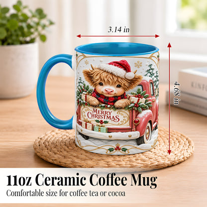 #pl[11oz|Blue] Christmas Cow Coffee Mug, Holiday Truck Mug, Ceramic Cup