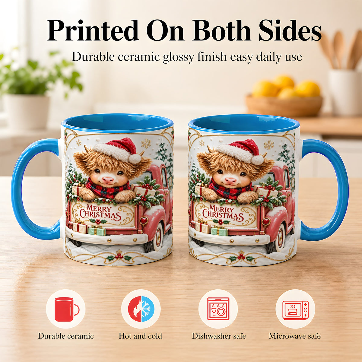 #pl[11oz|Blue] Christmas Cow Coffee Mug, Holiday Truck Mug, Ceramic Cup