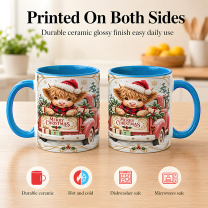 #pl[11oz|Blue] Christmas Cow Coffee Mug, Holiday Truck Mug, Ceramic Cup