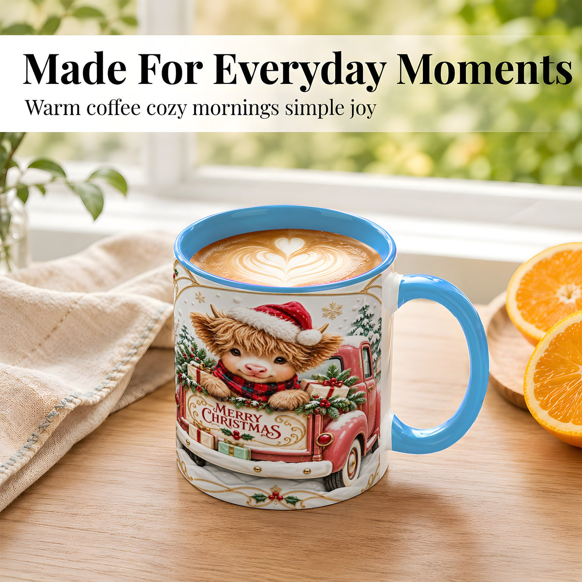 #pl[11oz|Blue] Christmas Cow Coffee Mug, Holiday Truck Mug, Ceramic Cup