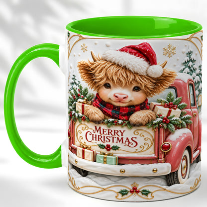 #pl[11oz|Green] Christmas Cow Coffee Mug, Holiday Truck Mug, Ceramic Cup