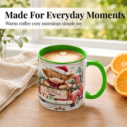 #pl[11oz|Green] Christmas Cow Coffee Mug, Holiday Truck Mug, Ceramic Cup