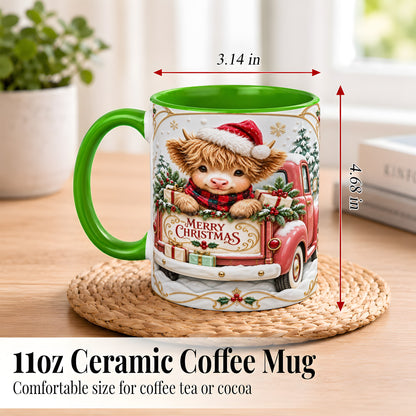 #pl[11oz|Green] Christmas Cow Coffee Mug, Holiday Truck Mug, Ceramic Cup
