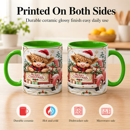 #pl[11oz|Green] Christmas Cow Coffee Mug, Holiday Truck Mug, Ceramic Cup